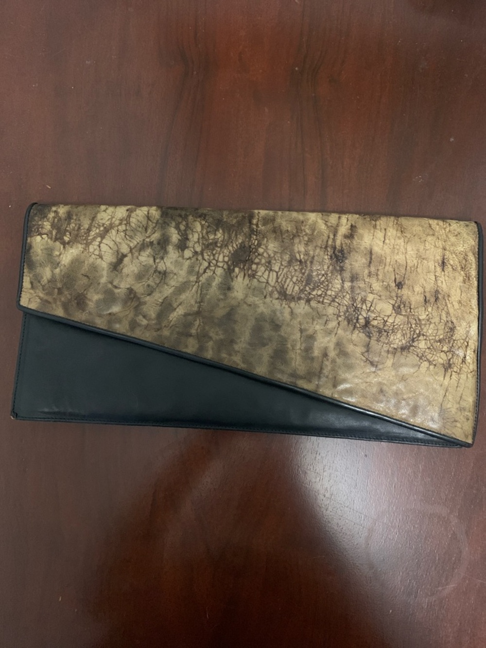 Vintage 1980s Leather Envelope Clutch Black / Brown 14”x7”